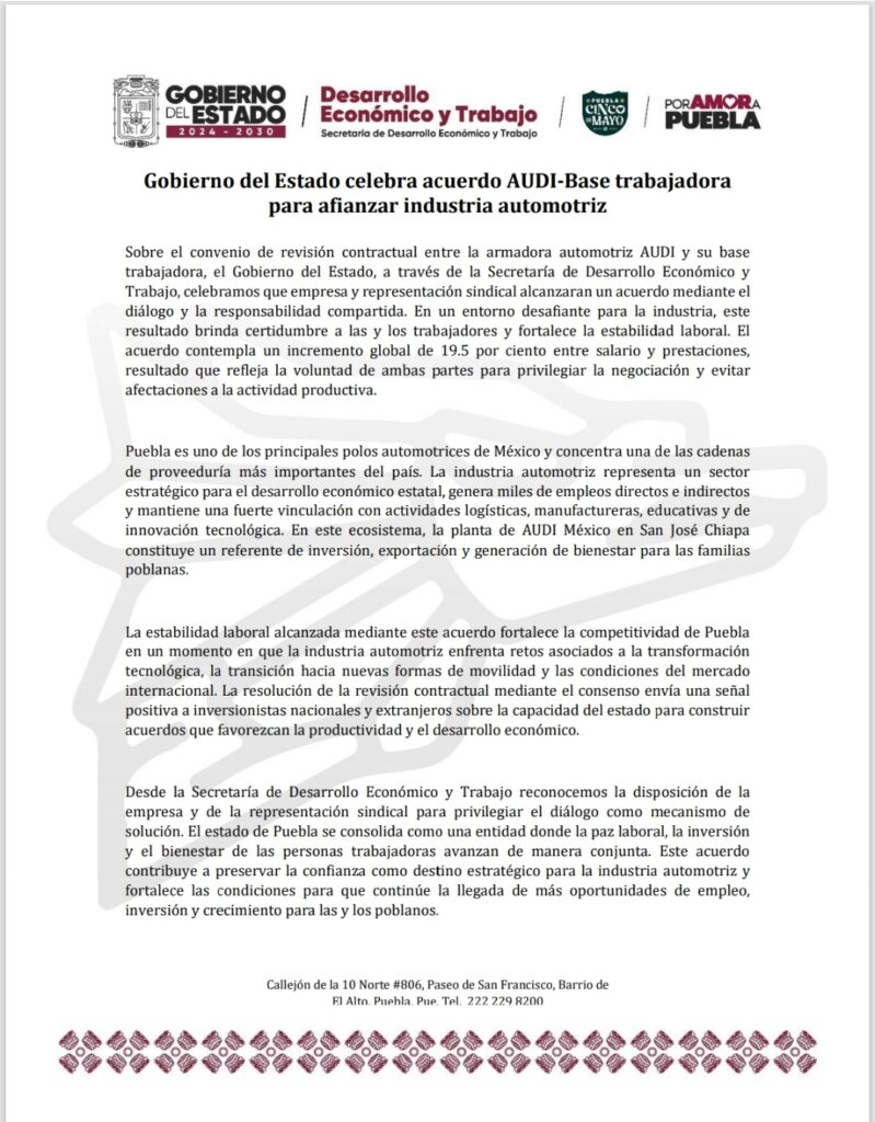 Gobierno estatal celebra acuerdo AUDI-Base trabajadora para afianzar industria automotriz