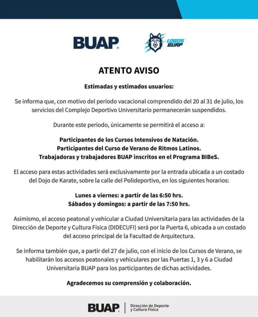 Complejo Deportivo Universitario suspende actividades por periodo vacacional: BUAP