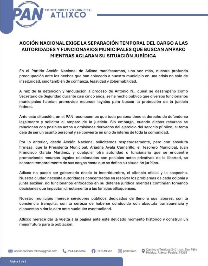 PAN exige separación temporal de alcaldesa de Atlixco y funcionarios bajo amparo