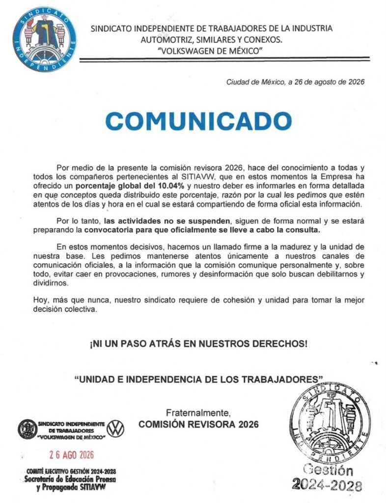 Sindicato de la Volkswagen informa oferta global de 10.04% 